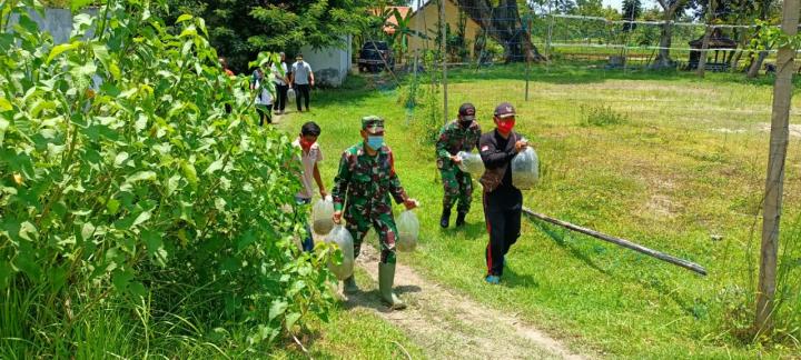 Anggota Satgas TMMD Bojonegoro Bersama Kepala Desa Membawa Bibit Ikan Nila Menuju Embung